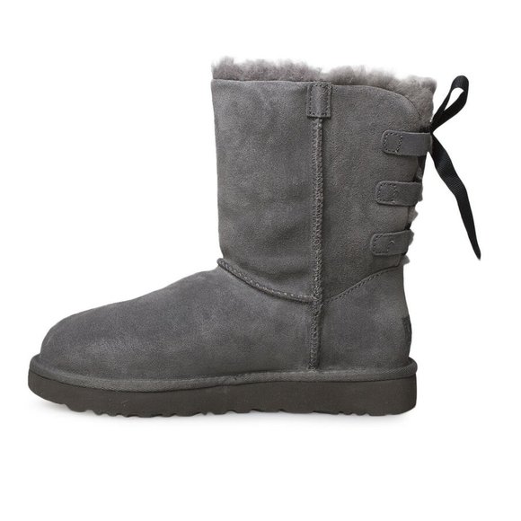 UGG SHORT CONTINUITY BOW CHARCOAL SUEDE SHEEPSKIN - Picture 4 of 6